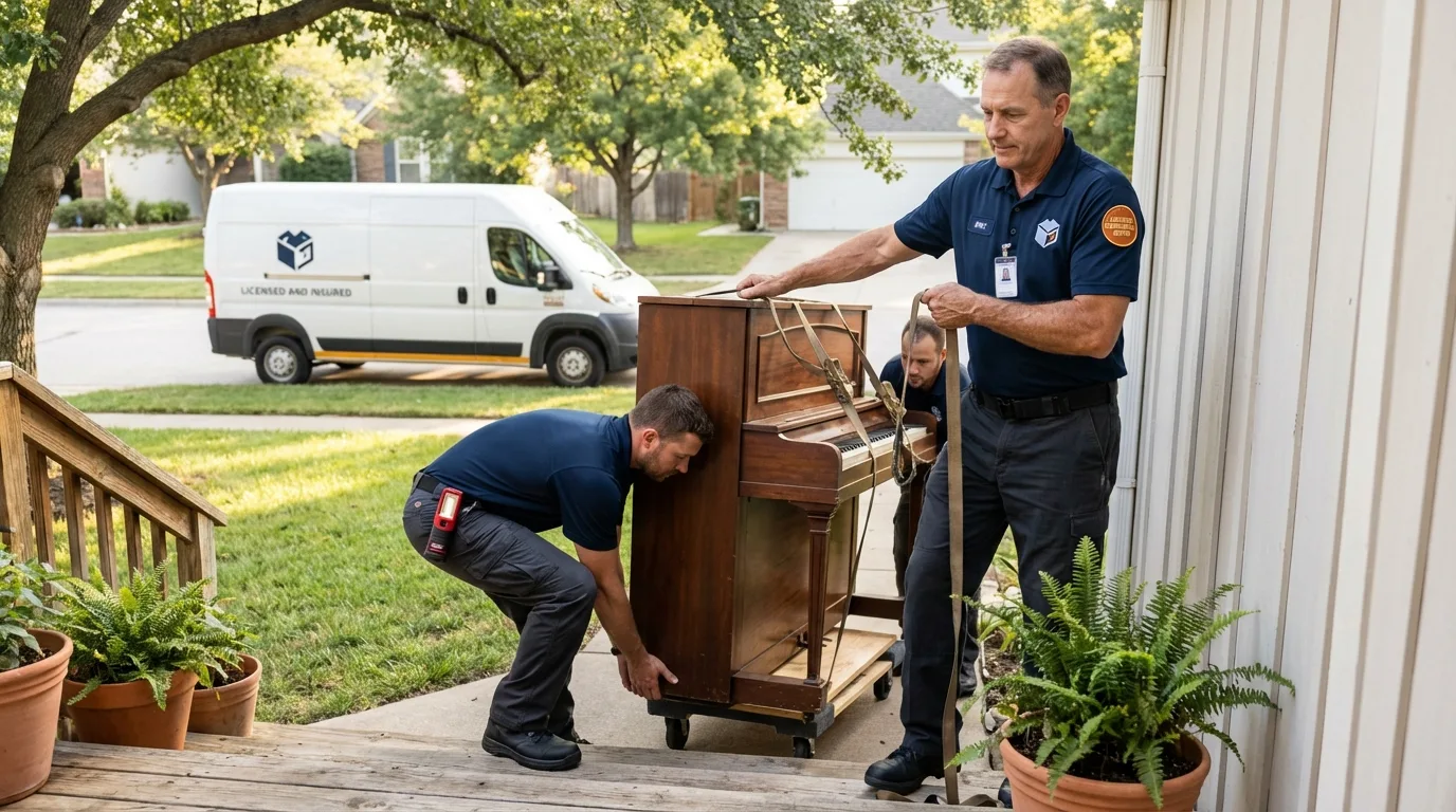 Licensed piano movers securing grand piano in North Ridgeville, OH