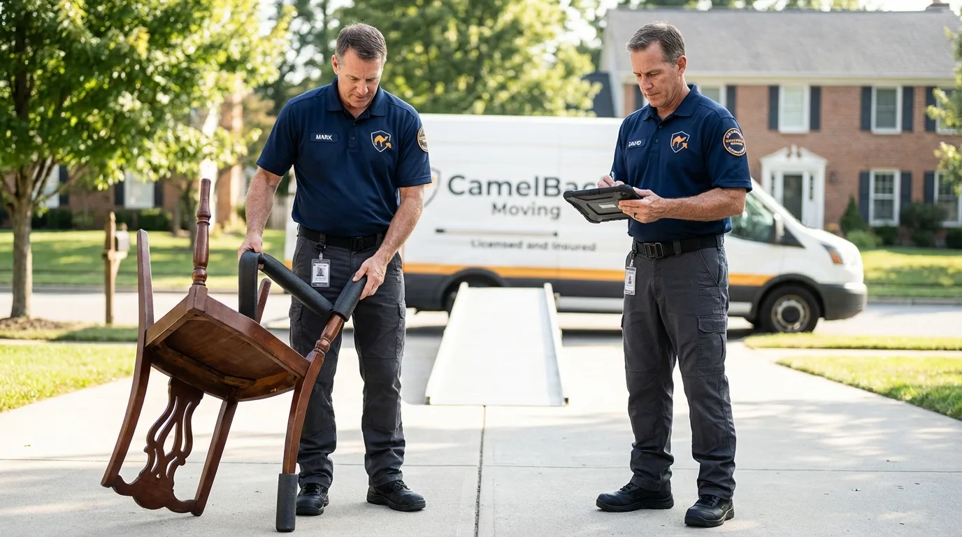 Movers inspecting furniture for damage prevention before loading in North Ridgeville, OH