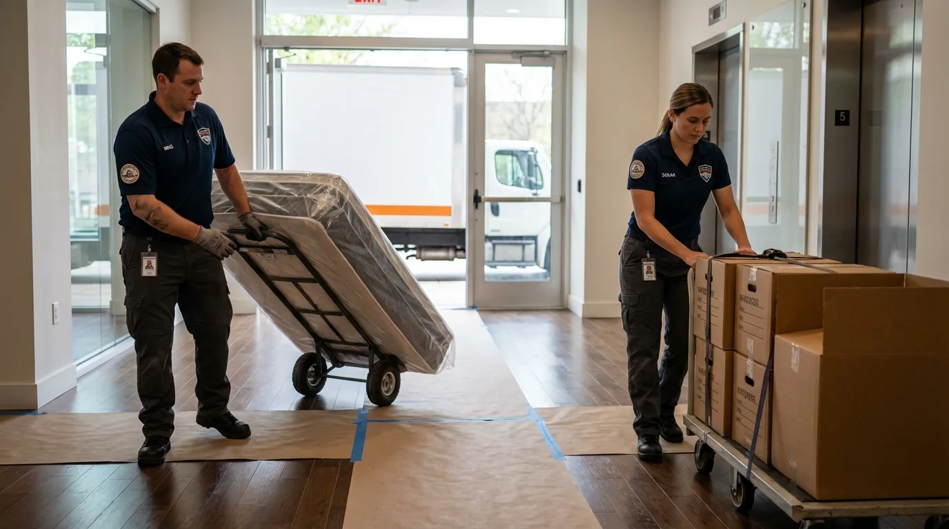 Professional apartment movers loading elevator in North Ridgeville, OH
