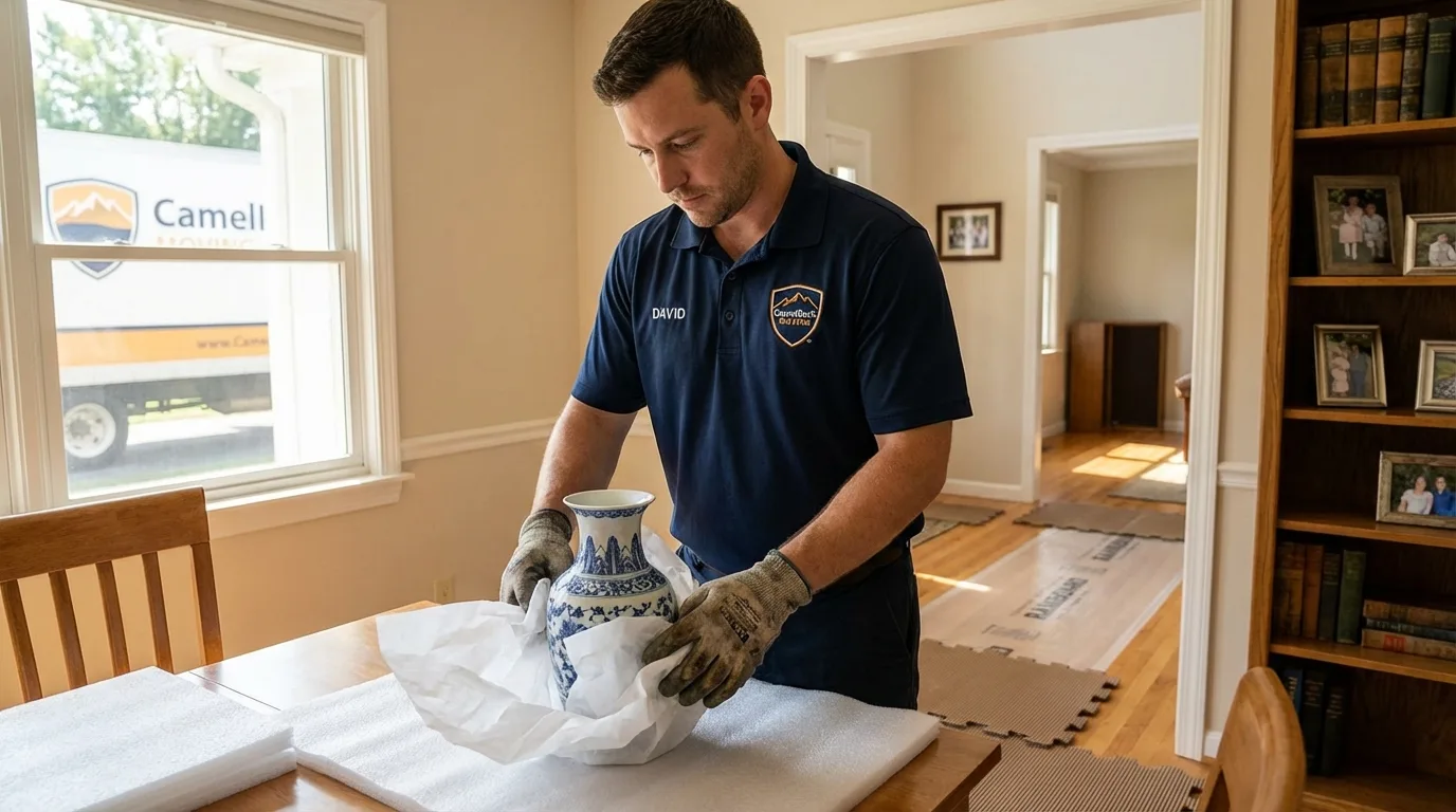 Professional crew carefully wrapping antique vase for senior downsizing move in North Ridgeville, OH